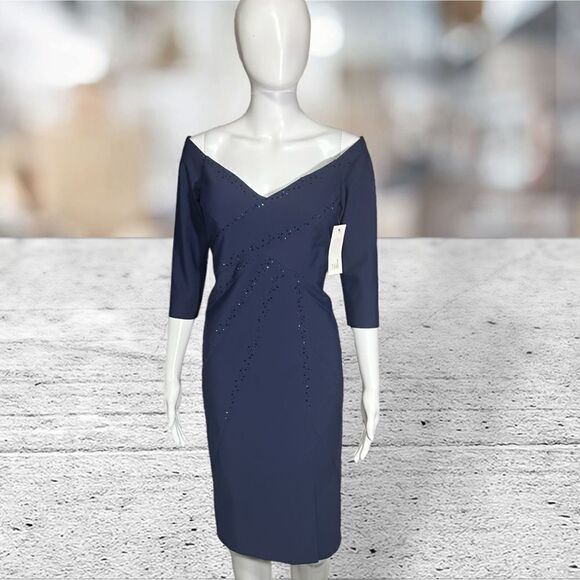 Rene Ruiz Blue Jeweled Off Shoulder 3/4 Sleeve Cocktail Dress - Picture 6 of 9